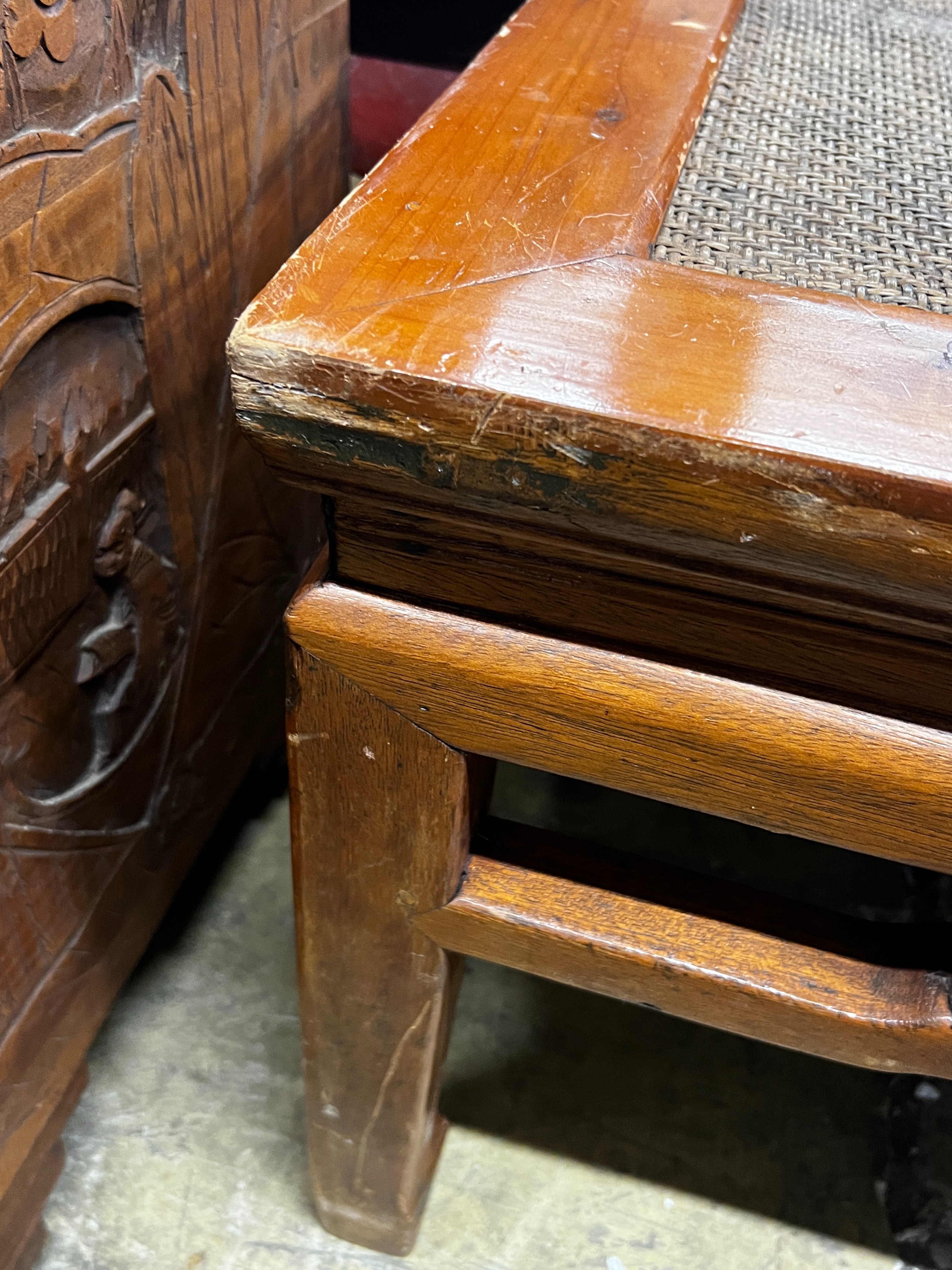 A Chinese square caned pine low table, width 97cm, height 51cm